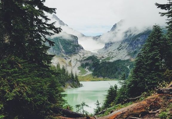 foggy lake and mountains