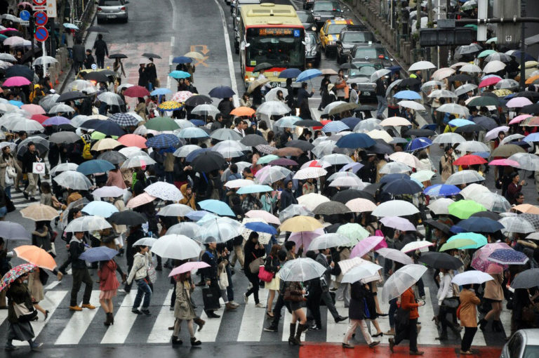 image of a crowd of people with umbrellas downtown crossing at crosswalk