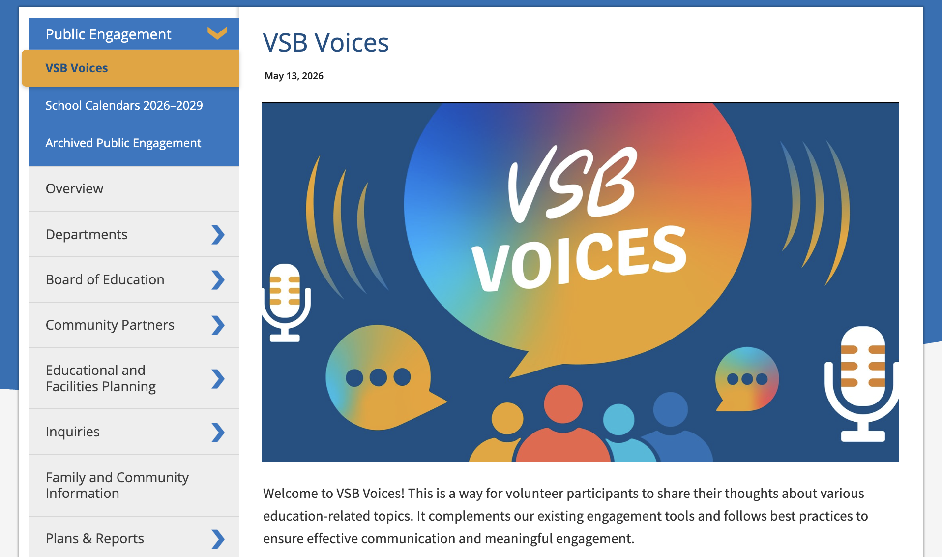 A screenshot of the Vancouver School Board website showing its VSB Voices engagement community